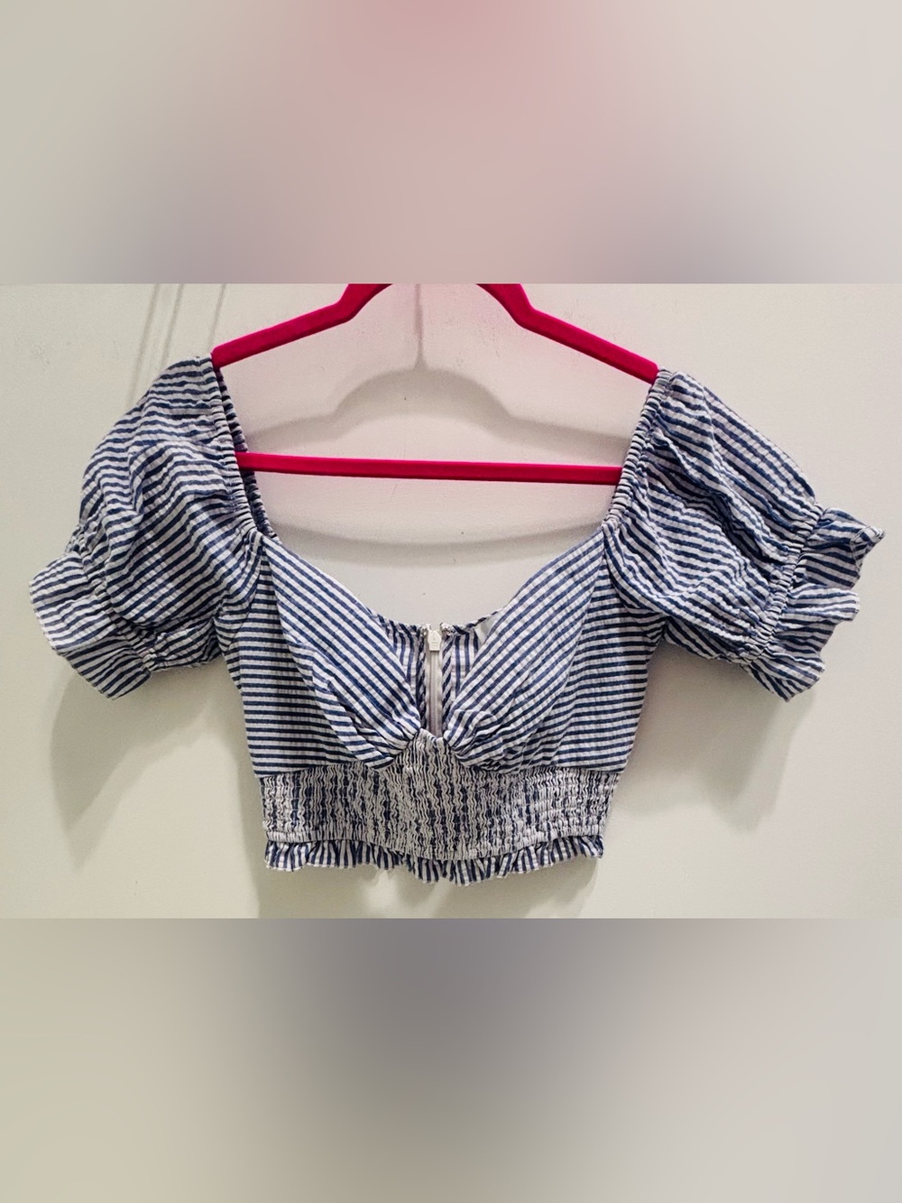 L'Academie Blue and White Striped Cropped Puff Sleeve Top